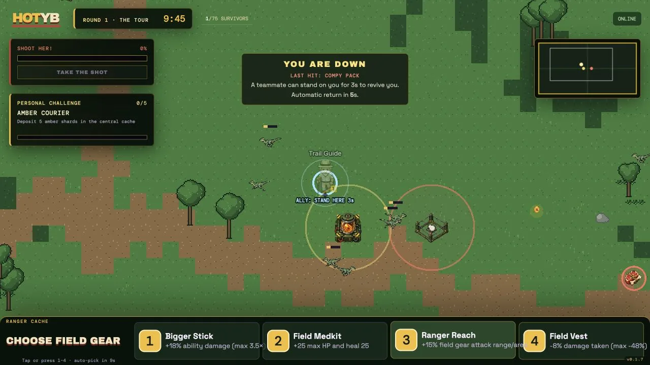 HOTYB gameplay: a ranger downed among raptors, choosing field gear